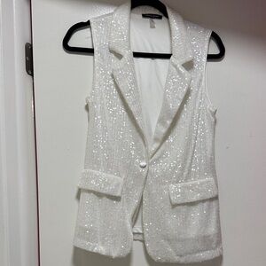 Sequin White Sleeveless Blazer Vest set with pant